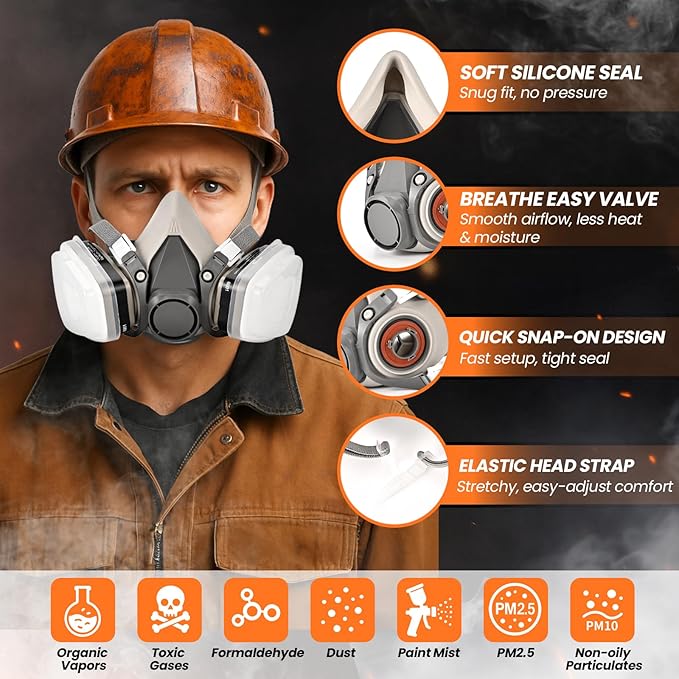 Reusable Half Face Cover - 6200 Respirator Mask, Gas Mask for for Painting, Woodworking, Construction, Sanding, Spraying, Chemicals, DIY etc