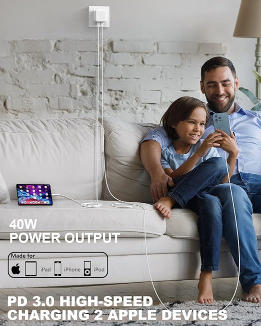 iPhone Fast Charger, 40W Dual USB-C Quick Wall Charger 10FT Charging 2pack 10FT Extra Long Lightning Cable+Double Port Foldable USBC iPhone Charger Fast Charging for iPhone 14/13/12/11/XR/XS/SE/iPad