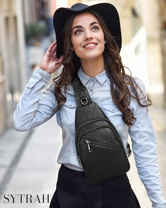 Sling Bag for Women, Crossbody Bags for Women Trendy Crossbody Purse Vegan Leather Sling Backpack Chest Bag with Dual Purpose Strap, Pure Black