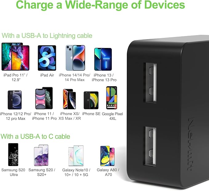 Nekmit Dual Port Ultra Thin Flat USB Wall Charger with Smart IC, Black