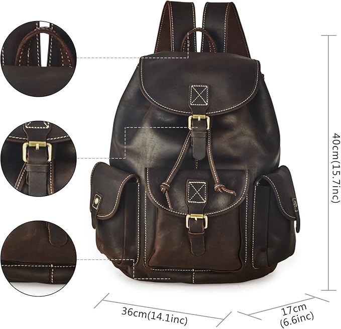 Backpack for Men Women Vintage Crazy Horse Full Leather Travel Daypack 15.6" Laptop Rucksack