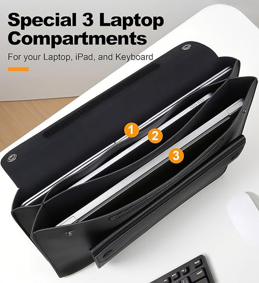 Lacdo 15.6 Inch Laptop Sleeve Case for Lenovo Acer Dell ASUS HP 15.6" Laptop, Lenovo IdeaPad, Acer Aspire, HP Pavilion, Dell Inspiron, ASUS Vivobook, Leather Computer Sleeve with 3 Compartments, Black