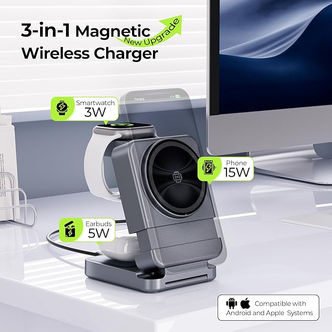 【2025 Upgraded】 Wireless Charger 3 in 1, Foldable Wireless Charging Station, Travel Magnetic Charger Stand, Nightstand 15W Charging Station for iPhone 16 Samsung S25 Samsung Watch TWS Earphone