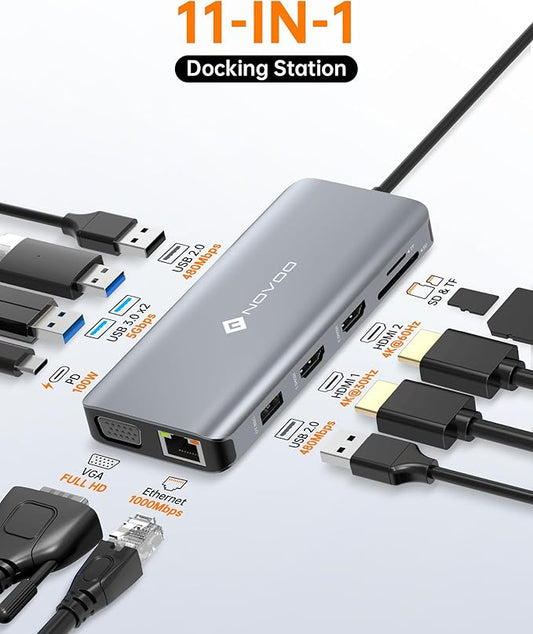 USB C Docking Station Dual HDMI Adapter, 11 in 1 Multi Display Docking Station Dual Monitor with 2 HDMI, VGA, 100W PD, 4 USB, USB C Hub Multiport Dongle Compatible with MacBook/Dell/HP/Lenovo Laptops