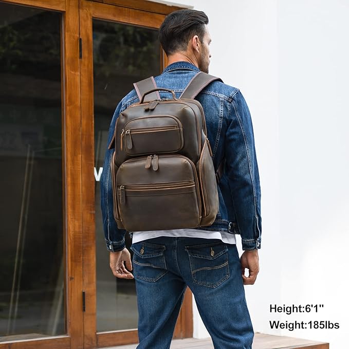 TIDING Men's Vintage Leather 15.6" Laptop Backpack Multi Pockets Travel Rucksack Business Overnight Daypack