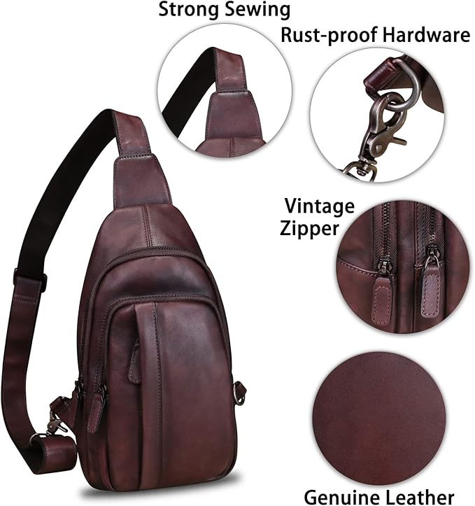 IVTG Genuine Leather Sling Bag Crossbody Casual Hiking Daypack Vintage Handmade Chest Shoulder Backpack Motorcycle Cycling Purses (Coffee)