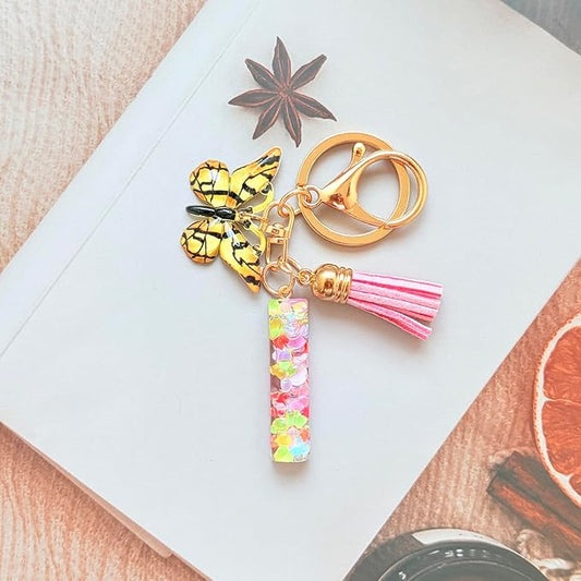 Cute Initial Letter Keychains for Girls Women with Tassel Butterfly Colourful Alphabet Keychain for Backpacks