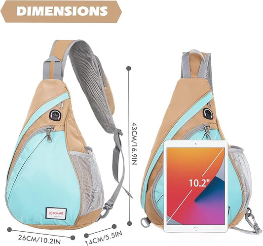ZOMAKE Sling Bag,Small Crossbody Sling Backpack,Water Resistant Shoulder Daypack for Travel,Anti Thief Chest Bag for Hiking(Brown,Cyan)