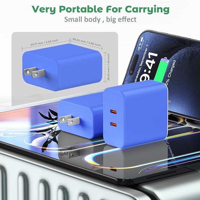 USB C Charger Block, 40W Dual Port Fast Charger 20W Type C Charging Block 3.1A USB Wall Charger Dual Port PD+QC Charging Cube for iPhone 15 16 14 13 12 11 Pro Max XS, iPad, Samsung Phone-Blue