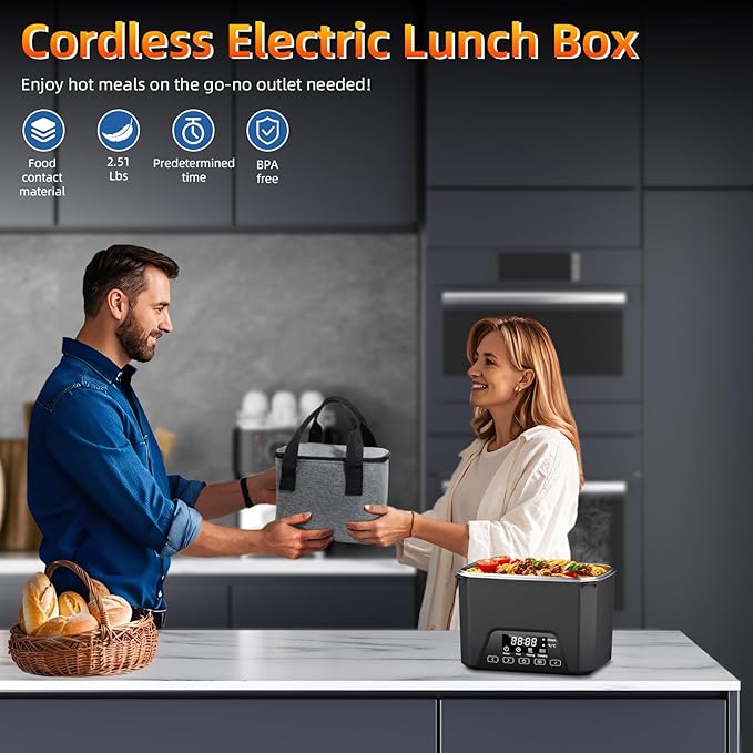 Cordless Electric Lunch Box, 1.2L Self Heating Lunch Box Battery Powered with Automatic Heating, BPA Free, Meal Prep Friendly (Black)