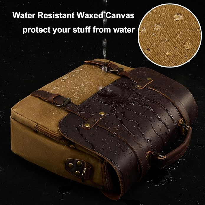 Mens Messenger Bag Waxed Canvas Laptop Briefcase 15.6“ Vintage Genuine Leather Crossbody Bags Waterproof Satchel Shoulder Bag