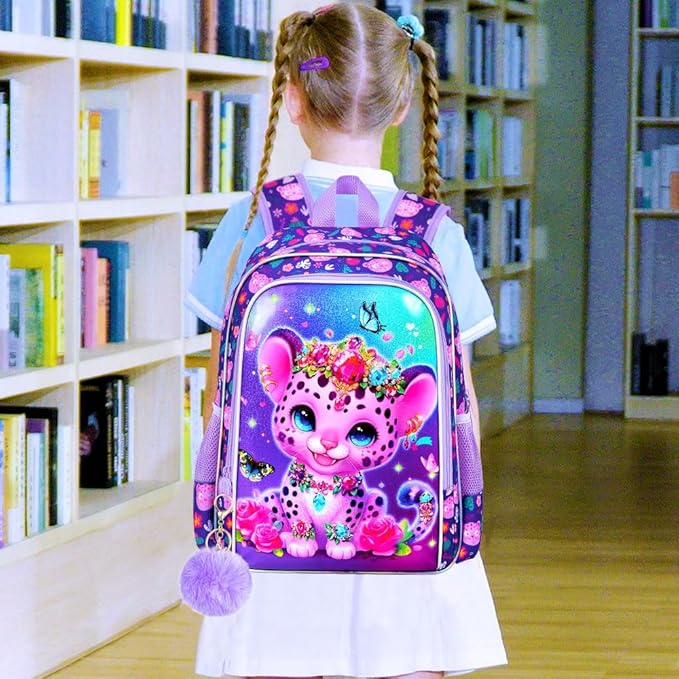 3Pcs Girls Backpack, 16" Kids Bookbag with Lunch Box,Leopard School Backpacks for Elementary Preschool Kindergarten (Purple)