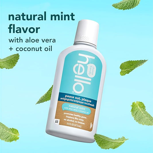 Hello Peace Out Plaque, Antigingivitis Alcohol Free Mouthwash, Natural Mint with Aloe Vera and Coconut Oil, Fluoride Free, Vegan, SLS Free and Gluten Free, 16 Ounce (Pack of 3)