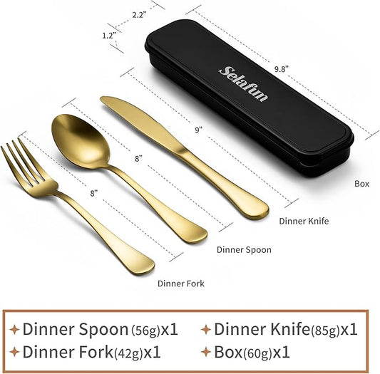 4-pieces Travel Set with Case Portable Silverware Utensils Set for work, Stainless Steel Reusable Flatware Set Cutlery Set for Camping Picnic Hiking Office (8inch, Matte Gold)
