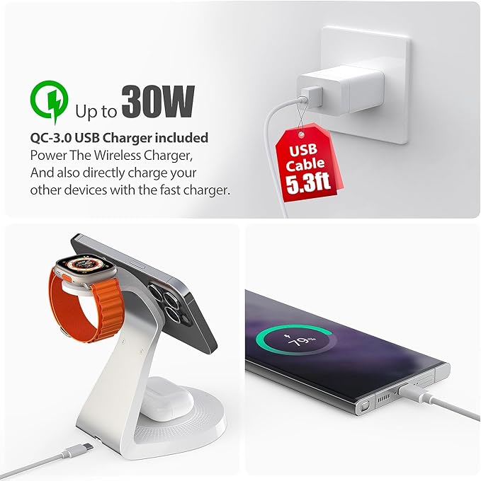 3 in 1 Charging Station for Apple Devices,Mag-Safe Charger Stand Fast Charging,Wireless Charger for iPhone 16/15/14/13/12 Series,& AirPods,& iWatch(USB-C Charger Included)