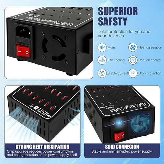 Multiport USB C Charger Block RISWOJOR, 150W (30A) 30 Port USB Charging Station with Auto Detect, Multi USB Charger Station with Type-C 3A for Smartphone Tablets Multiple Devices