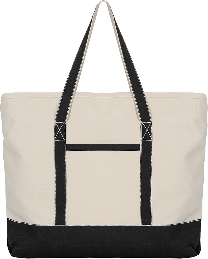 Extra Large Canvas Tote Bags with Zipper - 22 Inches Heavy Duty, Premium Zippered Tote Bag - Zip Top, 100% Organic Cotton, Sturdy, Washable Large Cotton Tote Bags - Multipurpose Canvas Shopping Bag