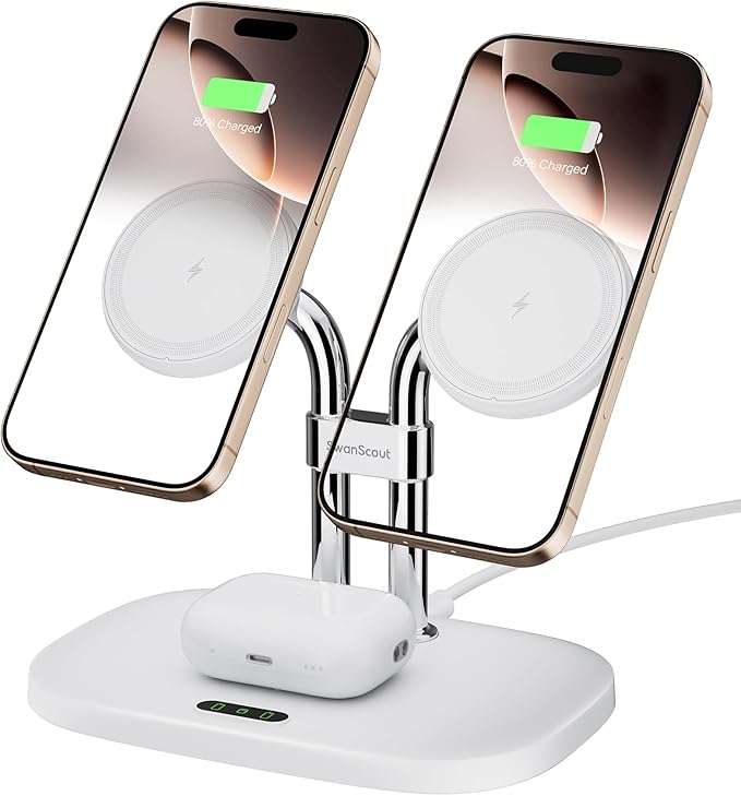 Wireless Charger for iPhone Air/17, SwanScout 706M, Dual Magnetic Charger for iPhone 16/15/14/13/12 Series, Charging Station for AirPods Pro 3/2, AirPods 4/3rd (White)
