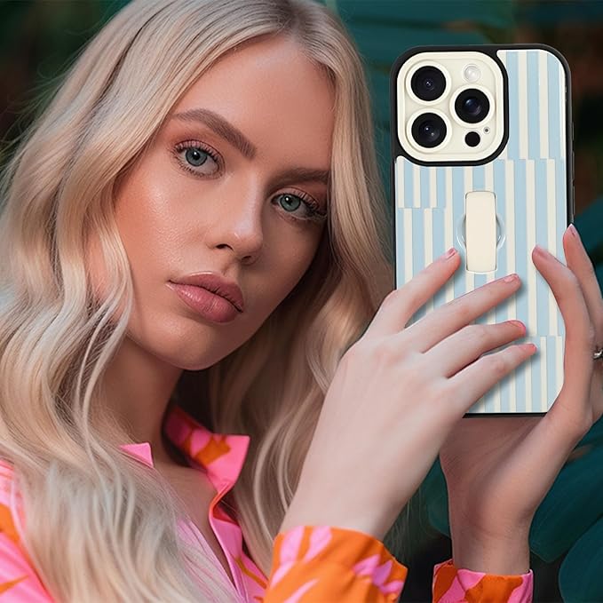 Compatible with iPhone 16 Pro Case with Finger Hand Strap Kickstand, Trendy Cool Striped Phone Case for Women Men, Full Camera Protection Shockproof Protective Cover, White and Blue Stripes