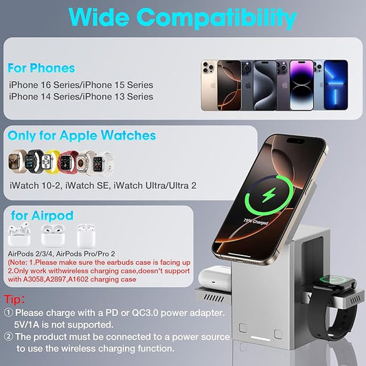 25W 3 in 1 Charging Station for Apple Devices,Auto Open/Close Mag-Safe Wireless Charging Stand Cube,Travel Wireless Charger Dock for iPhone 16/15/14Series & Apple Watch & AirPods (Metal Gray)