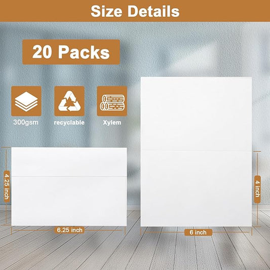 White Blank Greeting Cards and Envelopes 4 x 6 Heavyweight Folded Cardstock and A4 Envelopes Printable Self Seal 20 Packs for DIY Wedding Invitations, Party, Thank You Cards, Baby Showers