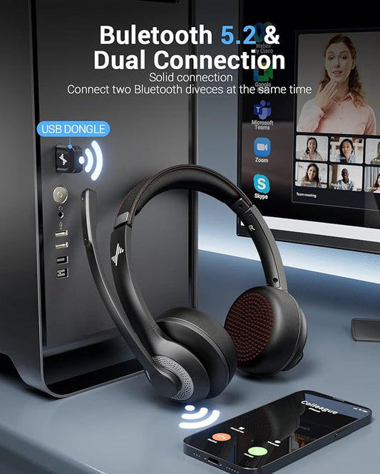 Wireless Headset with AI Noise Cancelling Microphone Bluetooth Headset - Bluetooth V5.2 Headphones with USB Dongle & Mic Mute for Computer/Laptop/PC/iPhone/Android/Cell Phones/Zoom
