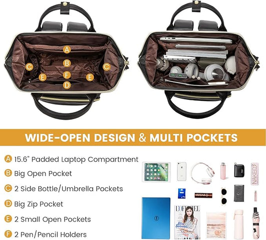 LOVEVOOK Leather Backpacks for Women,15.6 inch Leather Laptop Backpack Women,Professional Work Backpack Nurse College Teacher Bag,Womens Laptop Bag Computer Travel Backpacks,Beige White-Black-Brown