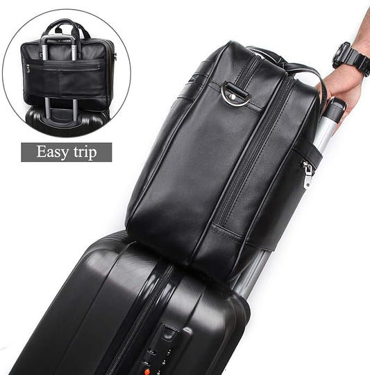 Augus Business Travel Briefcase Genuine Leather Duffel Bags for Men Laptop Bag fits 15.6 inches Laptop YKK Zipper (Black)
