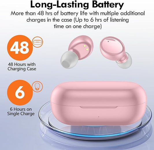 Lanteso True Wireless Bluetooth 5.3 Earbuds, 48H Playtime,Light Weight Headphones in Ear Buds Built in Mic Headset Premium Sound with Deep Bass,Clear Calls Earphones for Sports Workout Pink