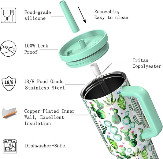TILUCK 40 oz Tumbler with Handle, Vacuum Insulated Stainless Steel Travel Mug with 100% Leak-Proof Silicone Straw Lid, Cupholder Friendly Water Bottle(Cactus, 40oz)
