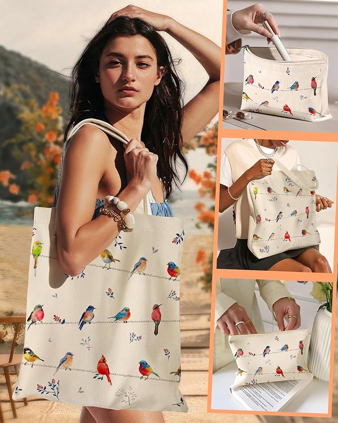 2 Pack Canvas Tote Bag - with Makeup Pouch Aesthetic Cute Women Reusable Canvas Bag for Shopping, Work, Travel