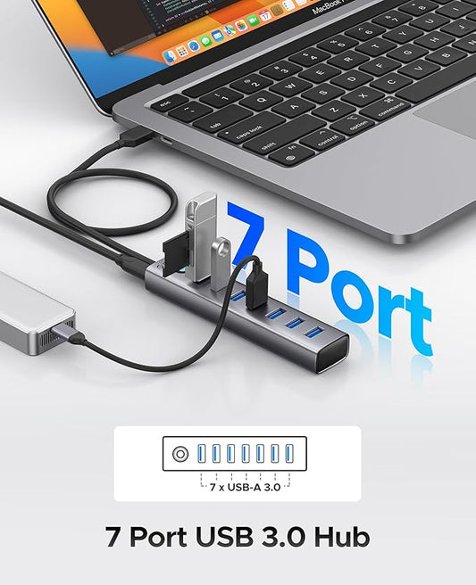ORICO Aluminum 7-Port USB Hub with 1.64Ft Cable, Multiple USB 3.0 Hub, 5Gbps Data Transfer, 5V 3A Type-C Port, UBS-A Splitter for PC, Laptop, Desktop