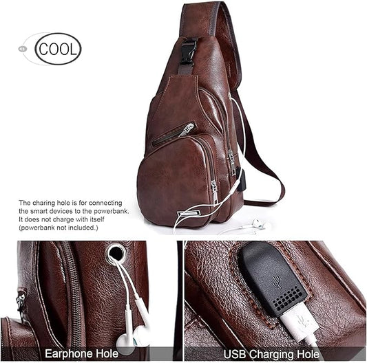 Peicees Leather Sling Bag Mens Crossbody Bag Chest Bag Sling Backpack for Men with USB Charge Port
