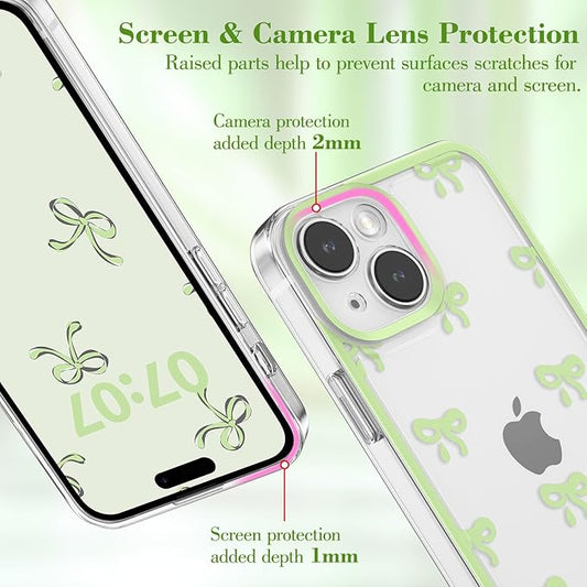 EYZUTAK Case for iPhone 15 Plus, Clear Cute Ribbon Bowknot Pattern Aesthetic Transparent Phone Case Raised Camera Protection Stylish Slim Soft Durable TPU Protective Cover for Women Girls - Green