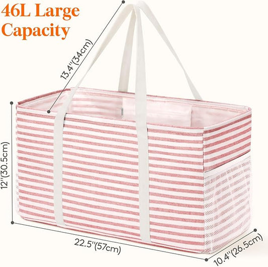 Lifewit Extra Large Tote Bag, Reusable Grocery Bags with Metal Wire Frame and Handles, Standing Utility Foldable Shopping Bags for Storage, Picnics, Beach, Pool, Laundry, Car 2 Packs 46L Gray and Pink