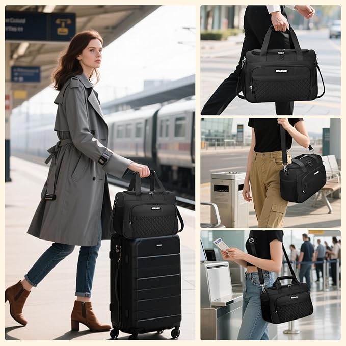 Travel Duffle Bag for Women, Underseat Carry On luggage Bag Foldable Overnight Weekender Hospital Bag Lightweight Airplanes Personal Item Travel Tote Bag for Women Birthday Gifts, 16IN Black