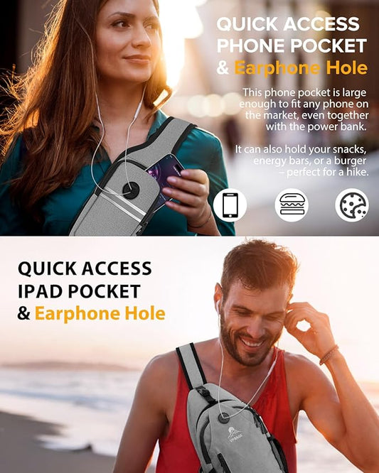 Sling Bag for Women, Crossbody Bag for Men, Cross Body Hiking Backpack, Travel Daypack, Chest Pack with Chest Phone Holder