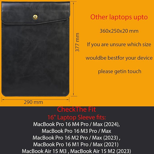 Genuine Leather Laptop Sleeve for MacBook Pro 16 Inch M4 M3 M2 M1 Pro/Max&MacBook Air 15 Inch M4 M3 M2,Durable Waterproof Vertical Laptops Bag for 15-16 Inch Notebook Computer Cover,Black