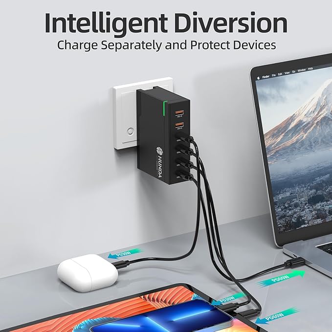 HUNDA 200W USB C Charger GaN Charging Station 6 Ports Fast PD 100W Type C MacBook Charger Desktop Adapter Support PD3.0 /PPS 45W /QC5 for MacBook Pro/Air, iPhone 15/14, Galaxy s24/s23,HP,Dell etc