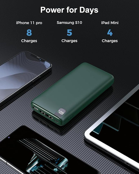 IXNINE Power Bank 26800mAh Portable Charger, 22.5W Fast Charging PD QC 3.0 Compact External Battery Pack with LED Display and 4 USB Outputs for Cellphone Tablet (Green)