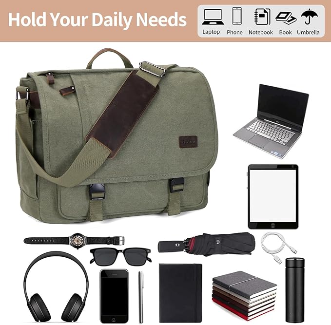 Nerlion Messenger Bag for Men 17-17.3 Inch Laptop Bag Canvas Water-resistant Computer Bag Shoulder Bag Work Briefcase Bookbag for College (Green)