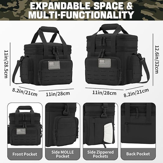 QT&QY Tactical Lunch Box for Men Expandable 18L Heavy Duty Military Insulated Cooler Bag, Leakproof Thermal Lunch Bag for Work Camping Outdoor Picnic Pail Adult Meal MOLLE Webbing Black