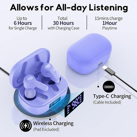 MOZOTER Bluetooth 5.3 Wireless Earbuds,Deep Bass Loud Sound Clear Call Noise Cancelling with Microphones in-Ear Headphones with Wireless Charging Case Compatible for iPhone Android,Work-Purple