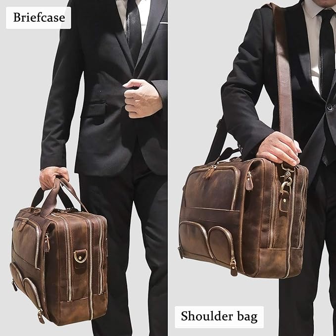 Augus Business Travel Briefcase Genuine Leather Duffel Bags for Men Laptop Bag fits 15.6 inches Laptop