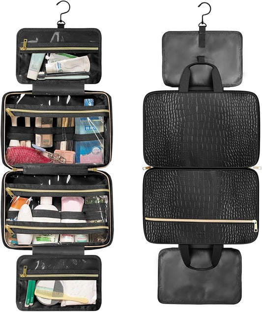 Dot&Dot Spacious Leather Toiletry Bathroom Bag - Hanging Travel Toiletry Bag for Women - Men's & Women's Toiletries Makeup and Cosmetic Organizer for Traveling Women