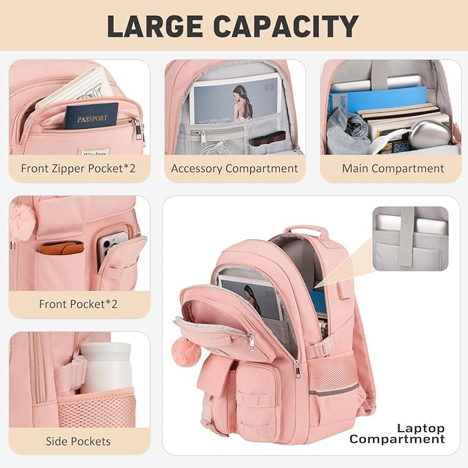 School Backpack for Teen Girls, Cute Laptop Backpack for Women Students, Middle High School Bags Aesthetic Bookbag for College Travel Fit 15.6 Inch Laptop (Pink)
