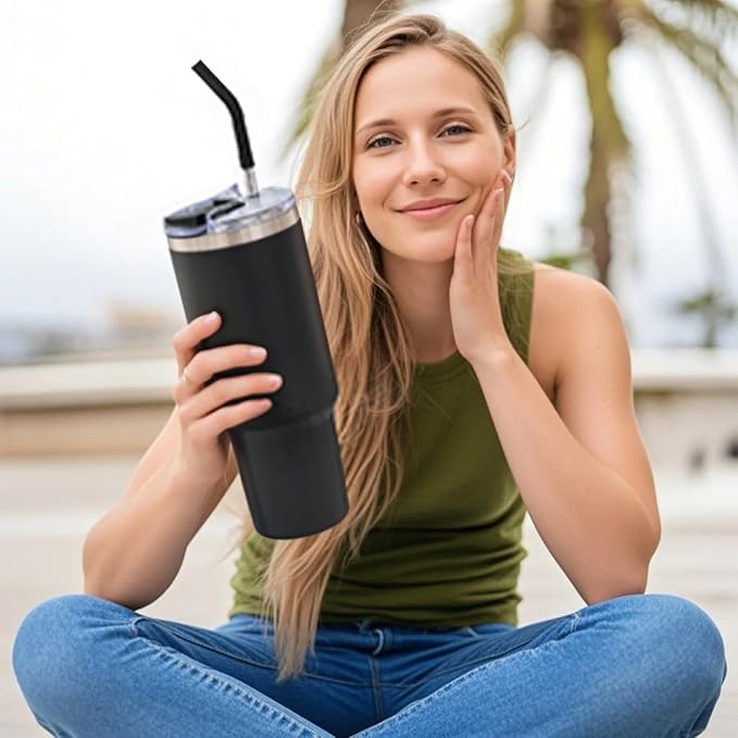 40 oz Tumbler with Handle and Straw Lid,Insulated Reusable Stainless Steel Water Bottle Travel Mug,Cupholder Friendly Double Wall Vacuum Sealed Cup (Black)