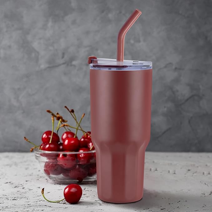 VEGOND 30 oz Insulated Stainless Steel Tumblers with lid and straw Bulk Pack Double Wall Vacuum Coffee Mug with Non-Slip Silicone Base, Sweat Proof Powder Coated Cup for Hot Cold Drinks, Red 8Pack