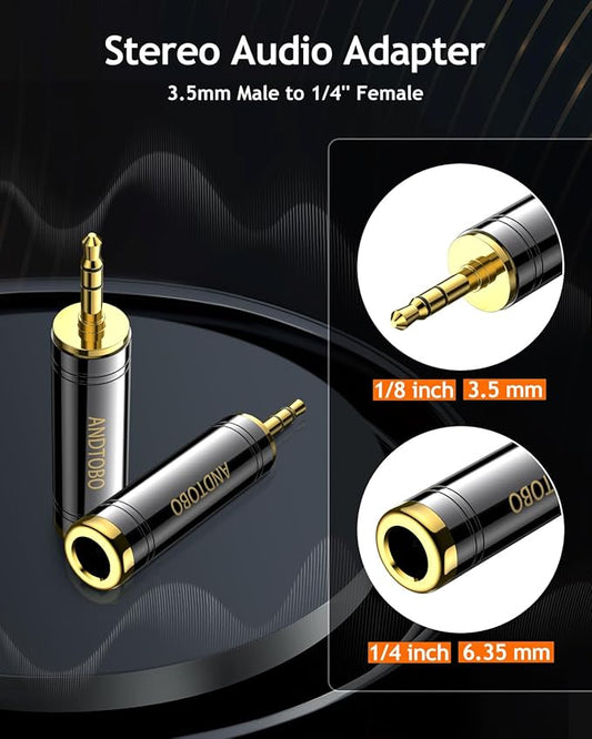 ANDTOBO 1/4'' to 3.5 mm Stereo Pure Copper Headphone Adapter, 3.5 mm(1/8'') Plug Male to 6.35 mm (1/4'') Jack Female Stereo Adapter for Headphone, Amp Adapter, Black 2-Pack