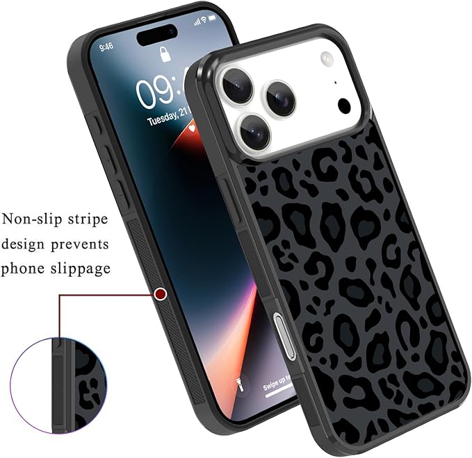 KANGHAR Case Compatible with iPhone 17 Pro Max,Black Leopard Design,Tire Texture Non-Slip +Shockproof Rugged TPU Protective Case for iPhone 17 Pro Max 6.9 Inch